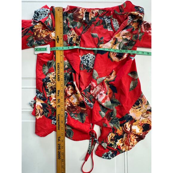 Jayvee Red Floral Ruffle Neck Waist Tie Chiffon Wrap Style Shirt, Sz L - Picture 6 of 7